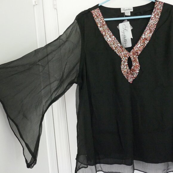elegant sequin keyhole neckline fully lined bodice black sheer blouse size 3x - Picture 1 of 6